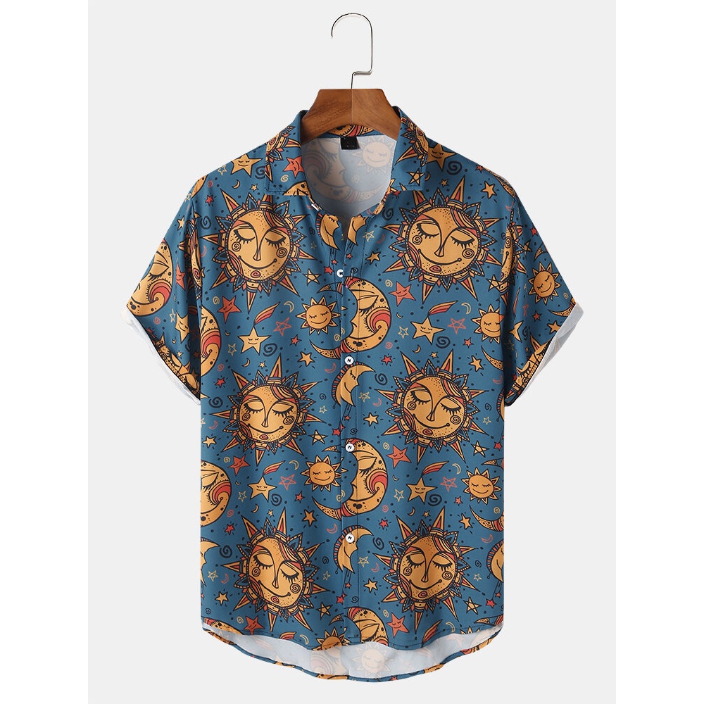 Mens Sun & Moon Print Mysterious Totem Lapel Short Sleeve Shirt - Blue S