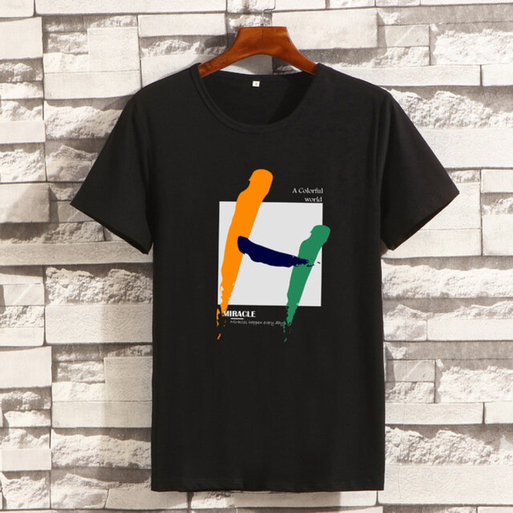 Men Round Neck Printing Short-sleeved T-shirt Half-sleeved Shirt Tops - L Black