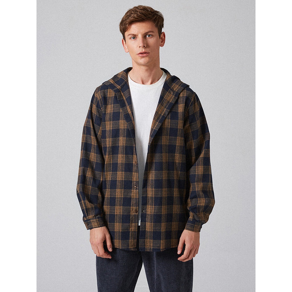 Mens Plaid Button Up Hooded Long Sleeve Vintage Shirts - Coffee XS