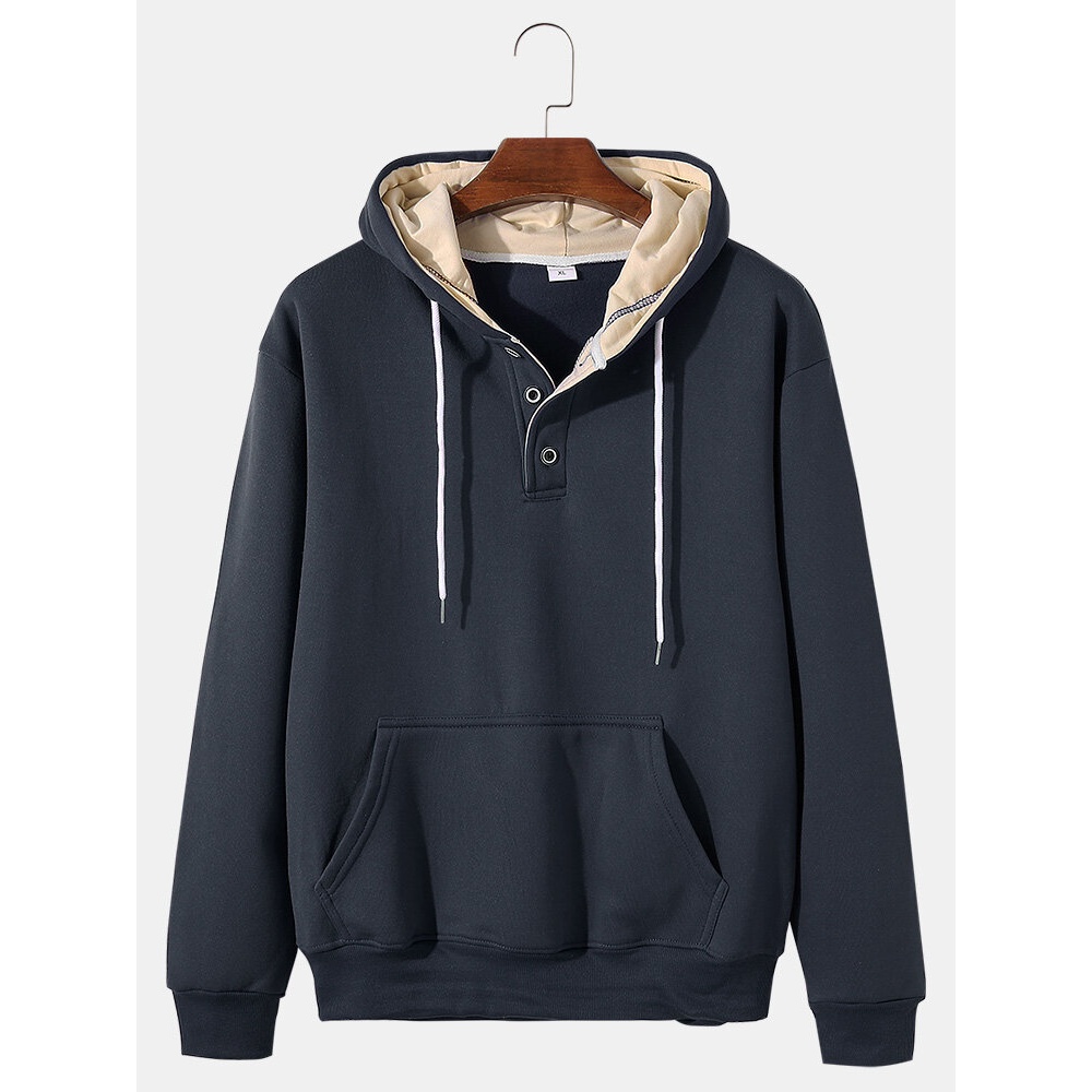 Mens Solid Button Front Cotton Flocking Pouch Pocket Drawstring Hoodies - Red XL