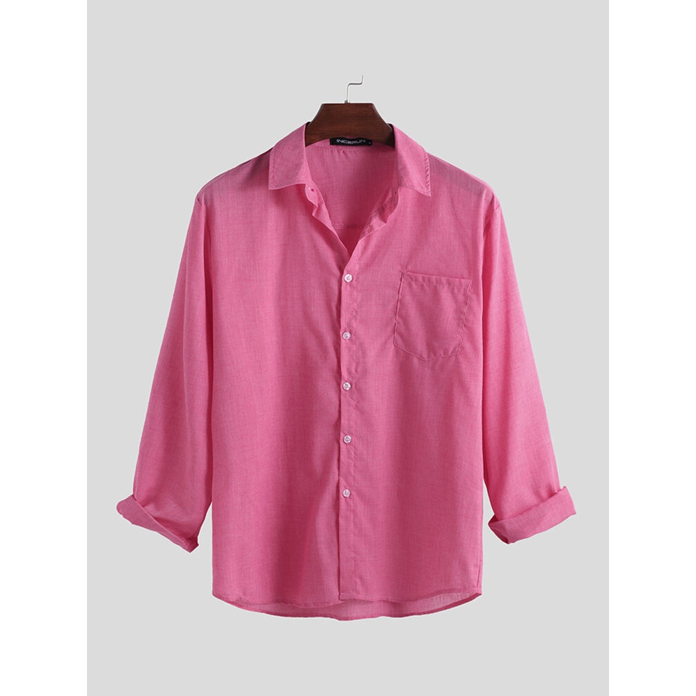 Men's Casual Long Sleeve Shirt Collar Neck Button Casual Formal Office Tees Tops - 2XL Red