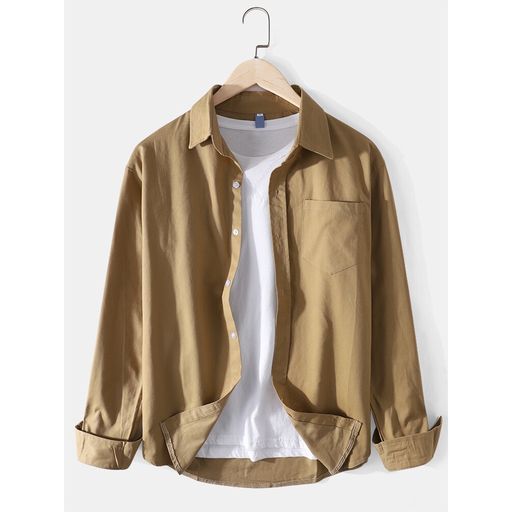 Mens Cotton Solid Color Pocket Button Up Long Sleeve Simple Shirts - White M