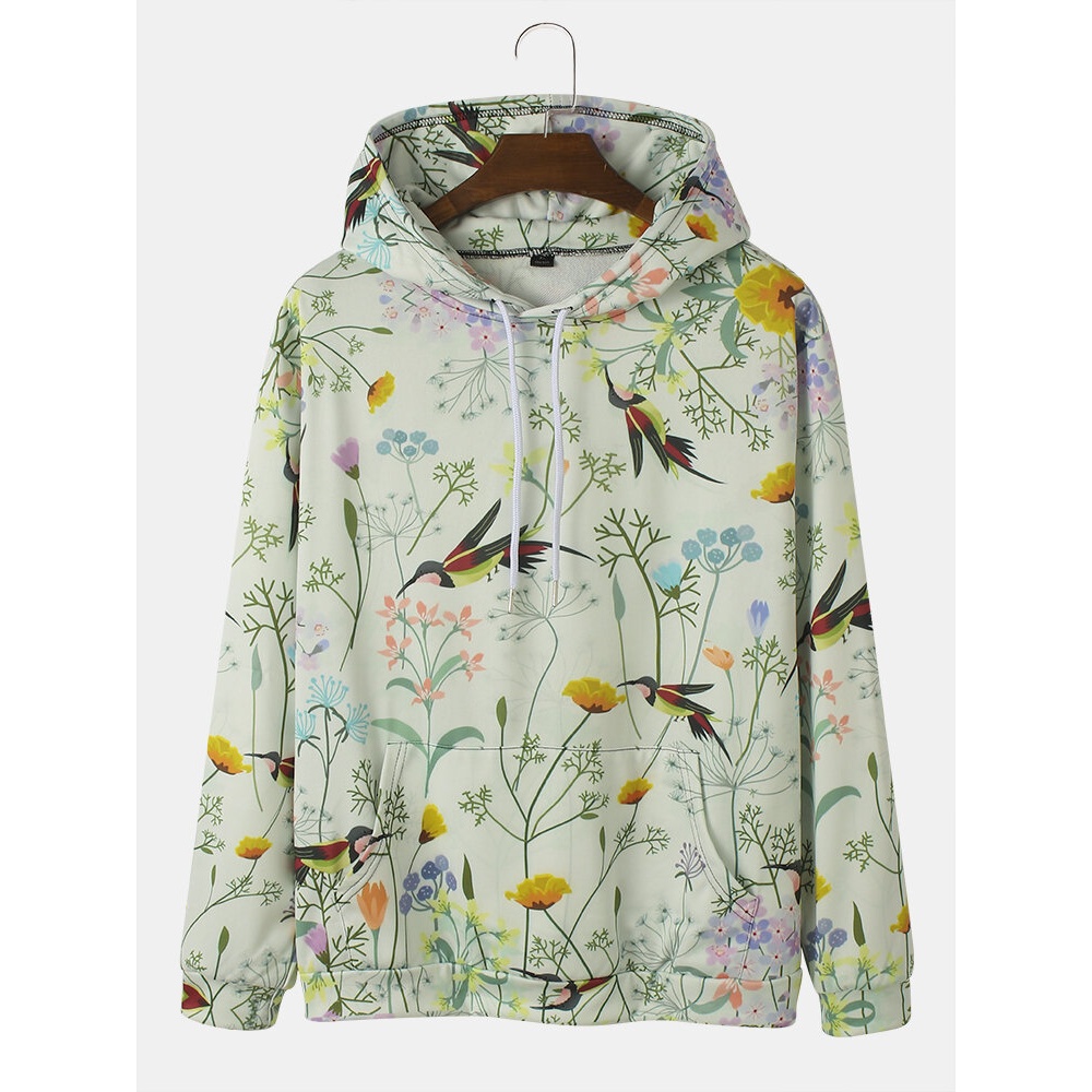 Mens Bird & Plant Floral Print Drawstring Hoodies With Pocket - Green M