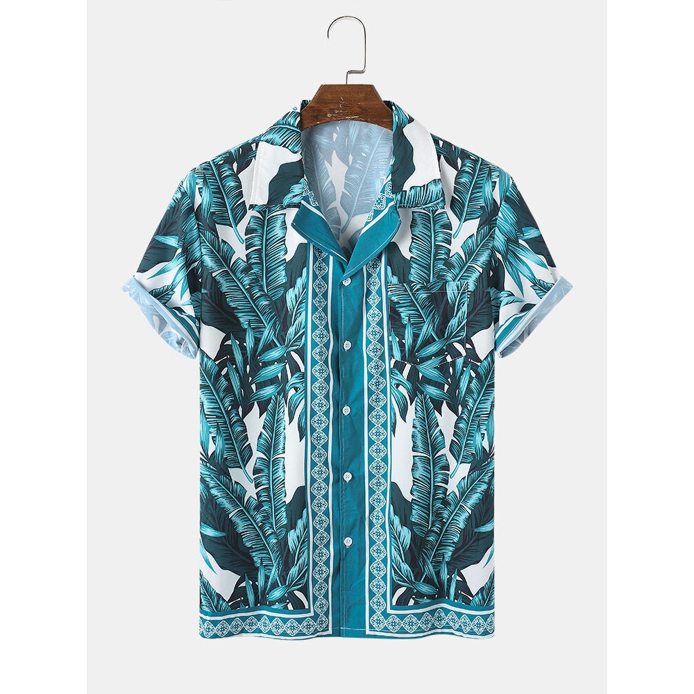 Mens Casual Baroque Style Plant Print Short Sleeve Shirts - Green S