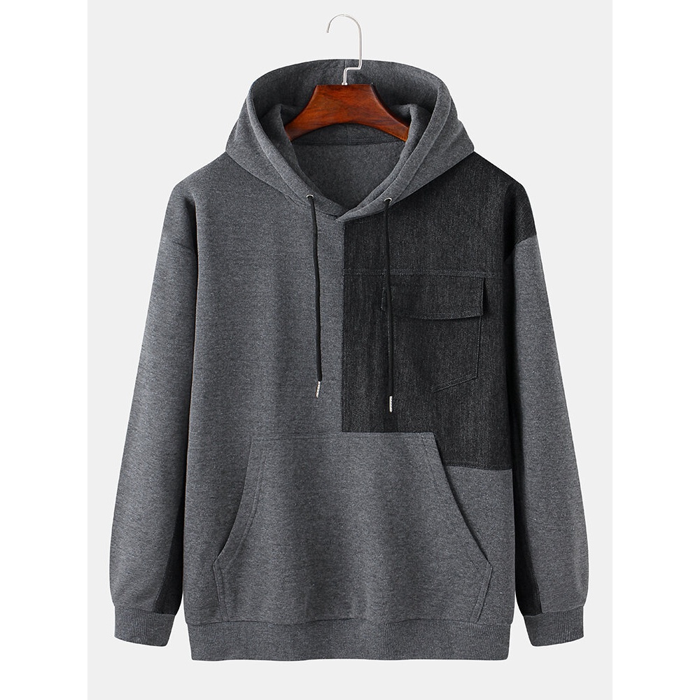 Mens Side Patchwork Long Sleeve Kangaroo Pocket Casual Drawsring Hoodies - Dark Grey S