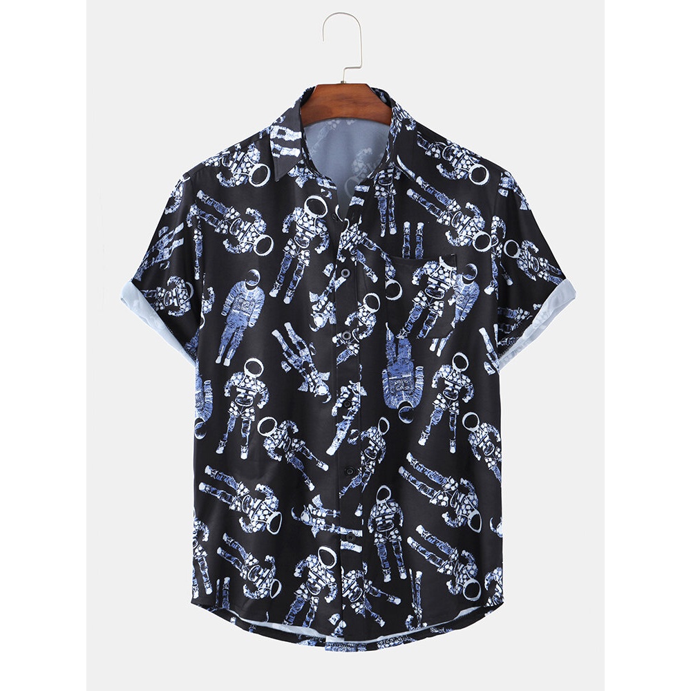 Mens Cotton Funny Astronaut Print Button Up Lapel Collar Short Sleeve Shirts - Black S