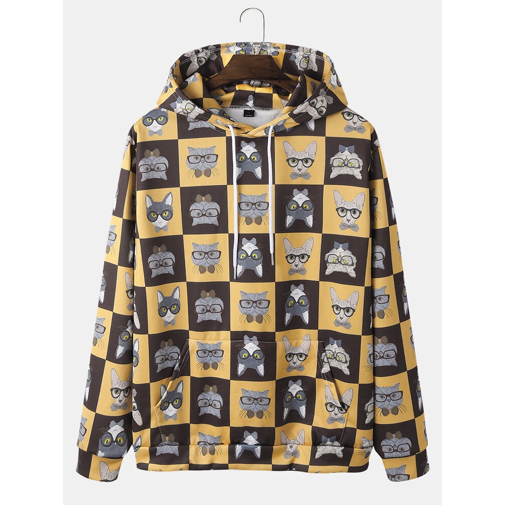 Mens Check Funny Cartoon Cat Print Drawstring Hoodies With Pocket - Yellow XL