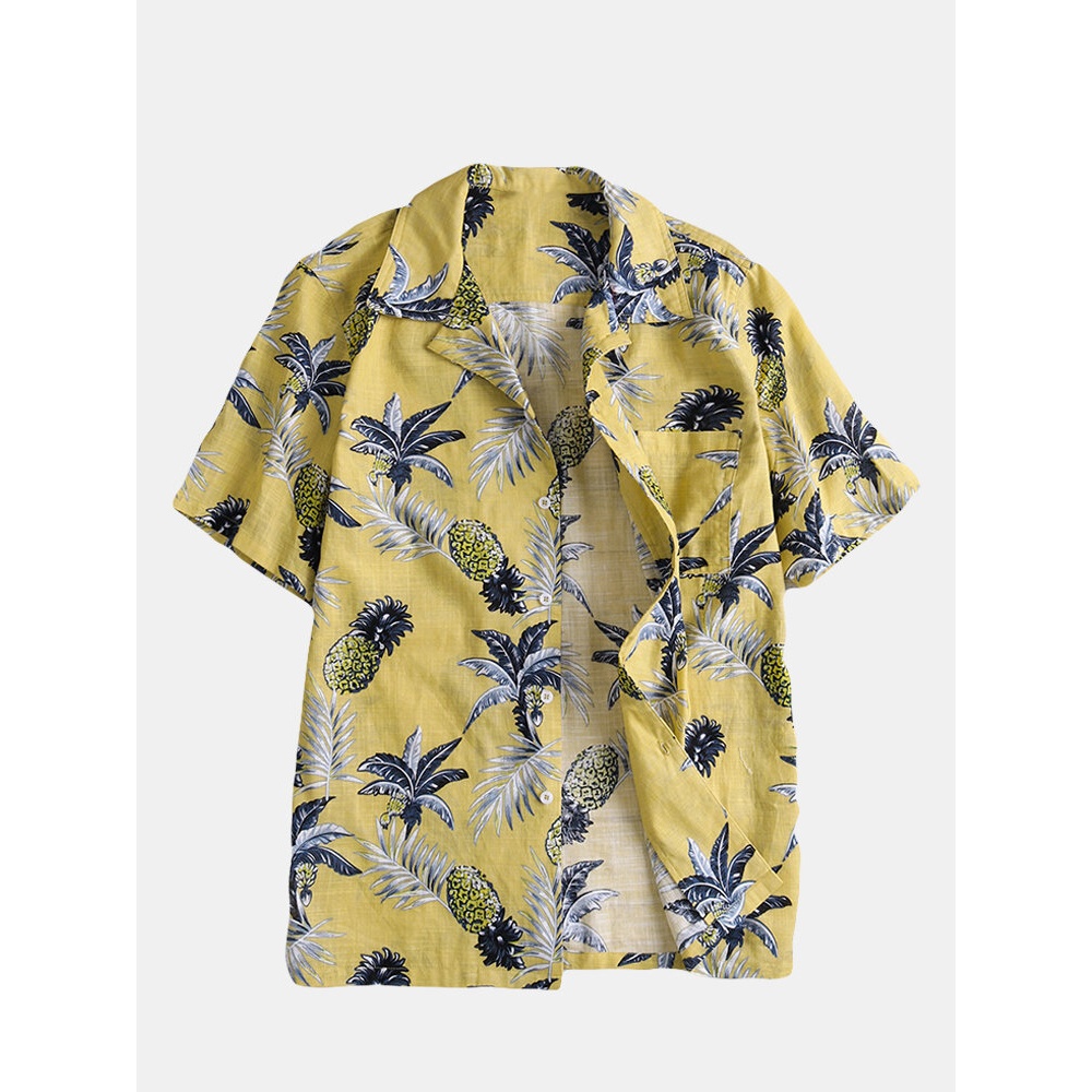 Mens Eye-Catching Breathable Loose Pineapple Beach Shirts - XL Yellow