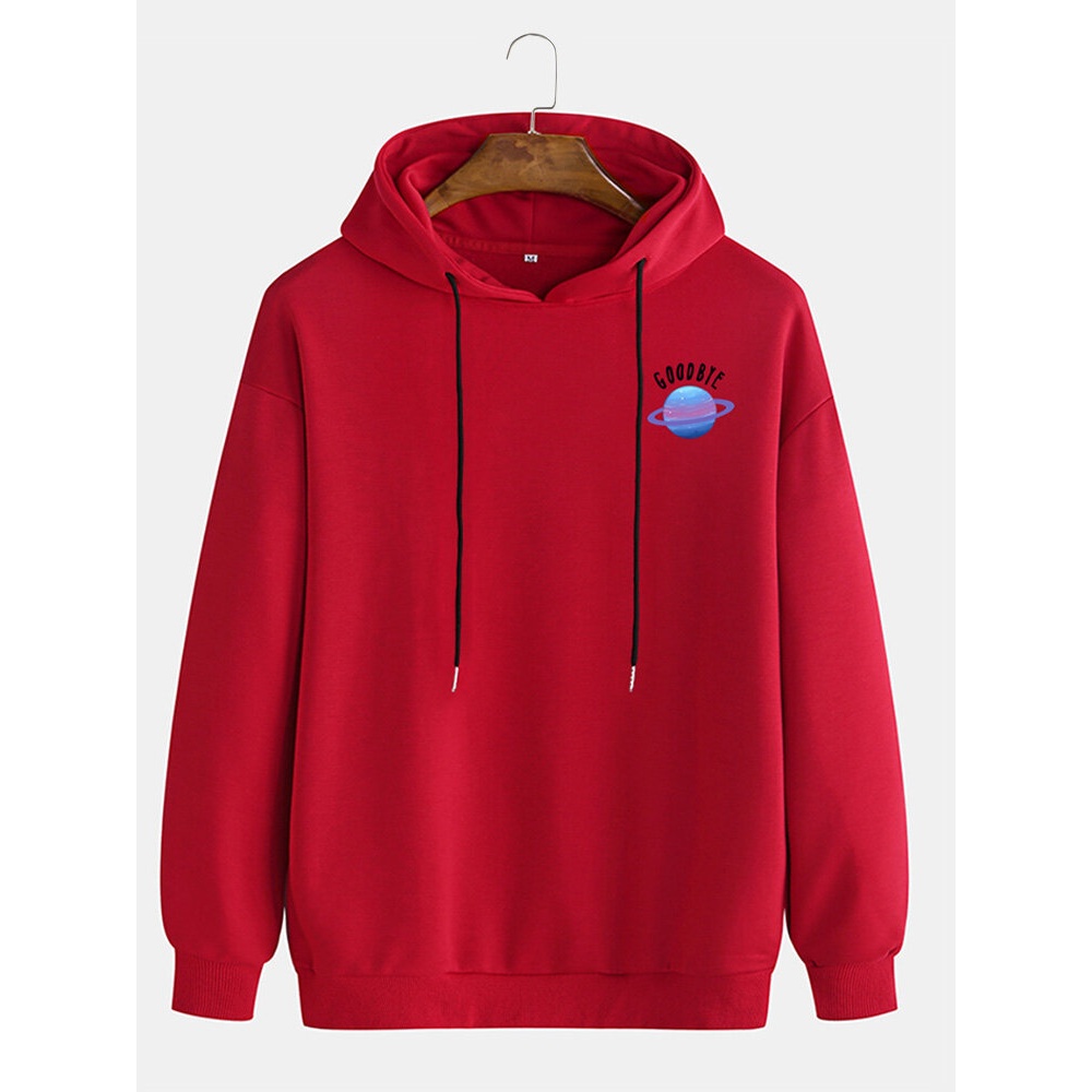 Mens Cotton Planet Pattern Letter Print Drop Shoulder Simple Long Sleeve Drawstring Hoodies - White S