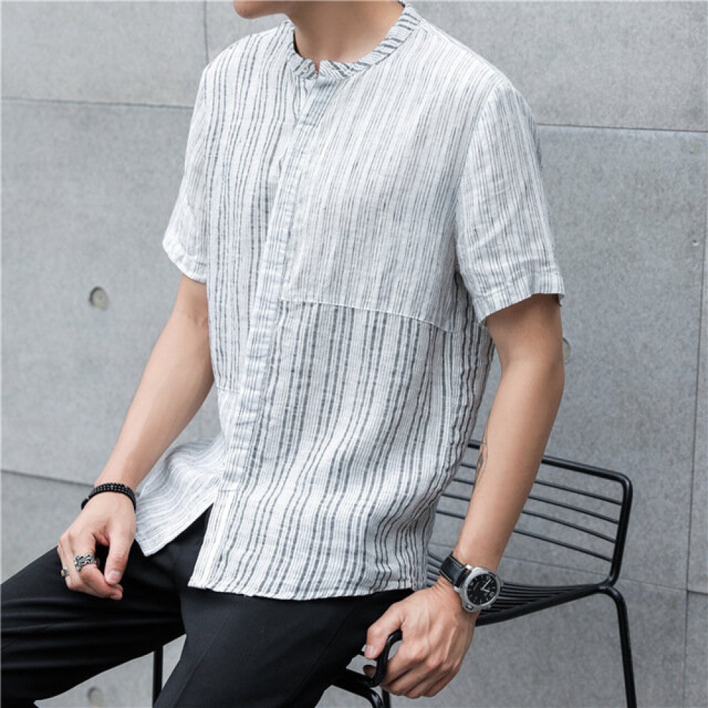 Japanese Season Striped Stand Collar Personality Men's Shirt Youth Short Sleeve Loose Flow Handsome Casual Shirt Men's Clothing - XL white