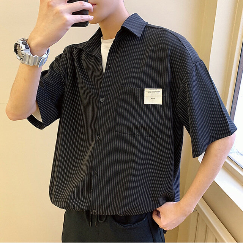 Men Striped Loose Short-sleeved Shirt Casual Half-sleeved - M Black