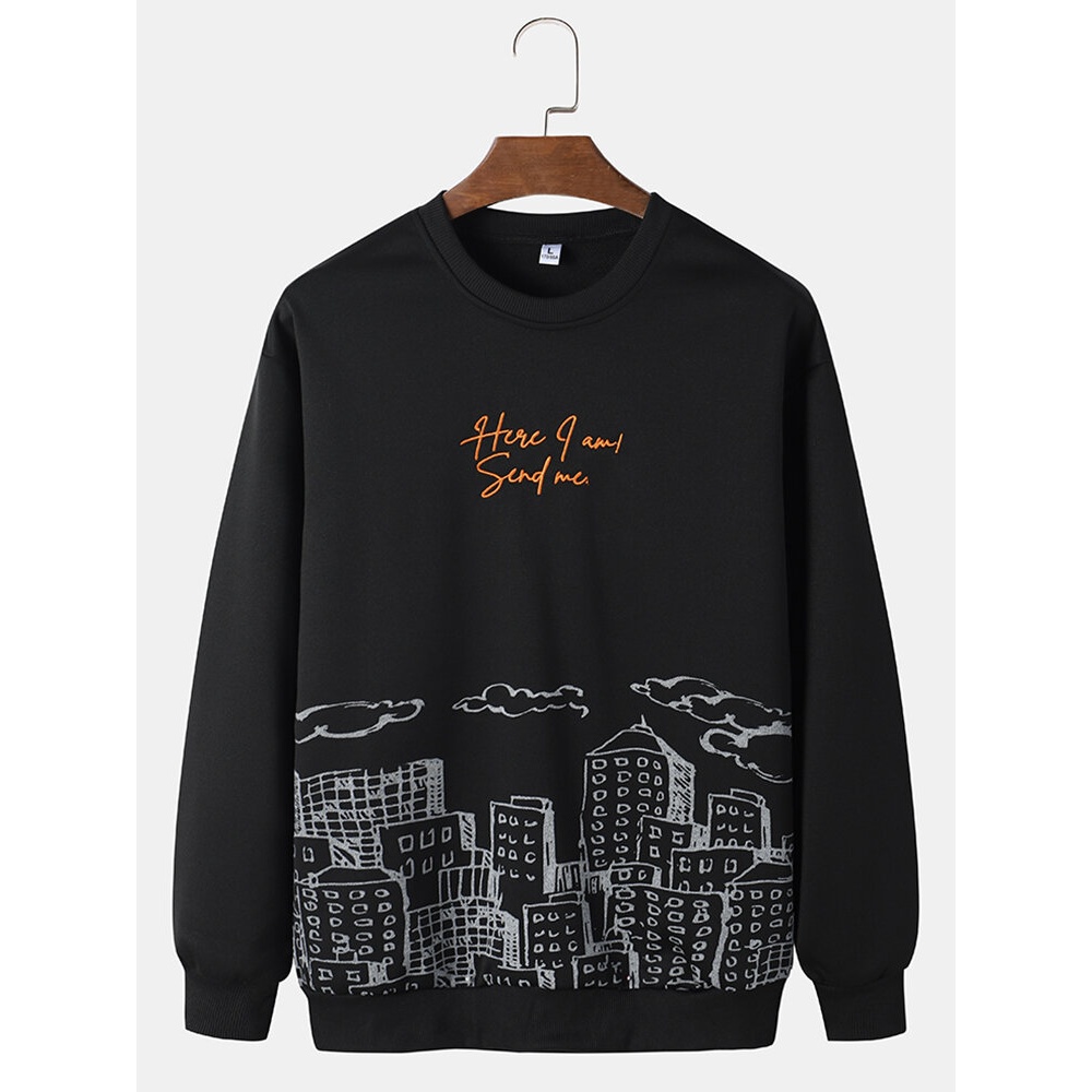 Men Landscape Pattern Patchwork Long Sleeve Pullover Sweatshirt - White XL