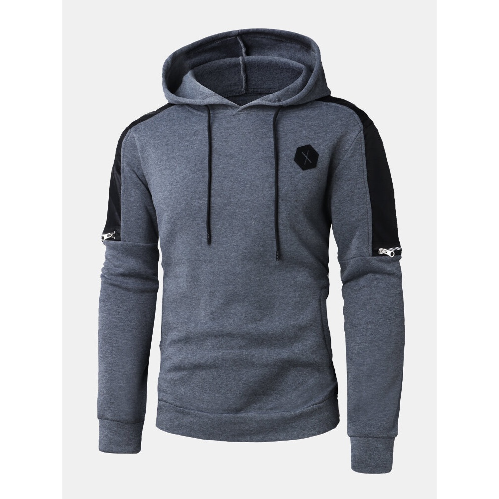 Mens Solid Color Patchwork Pocket Long Sleeve Drawstring Hoodies - Black M