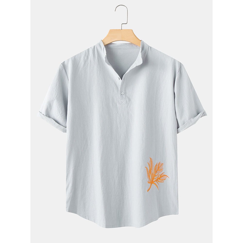 Mens Leaves Embroidery Solid Color Half Open Casual Henley Shirts - Grey 3XL