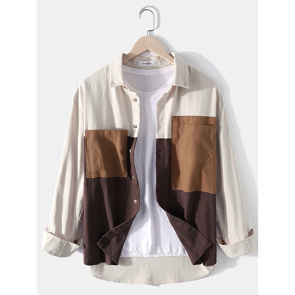 Mens Cotton Colorblock Patchwork Loose Double Pockets Long Sleeve Shirts - Apricot 2XL