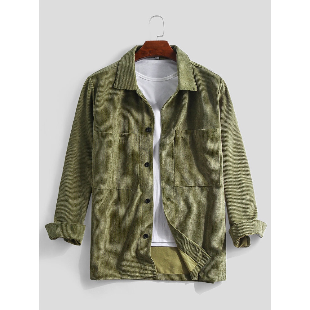 Mens Vintage Corduroy Double Big Pockets Long Sleeve Casual Shirts - Blue M