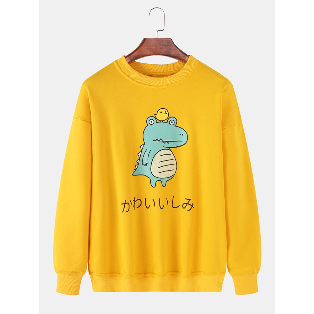 Mens Cartoon Animal Print Pullover Dtop Shoulder Sweatshirts - White M