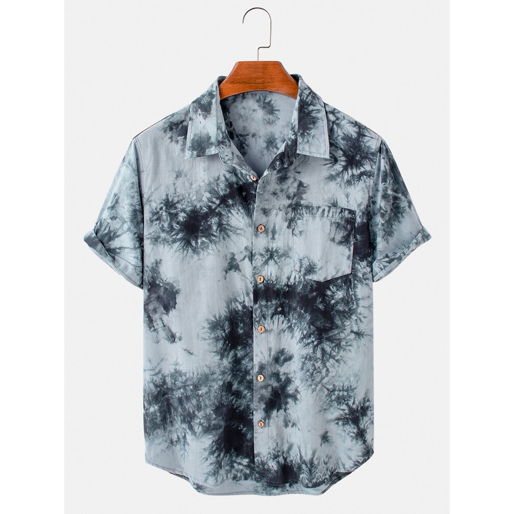Mens 100% Cotton Tie-dye Print Turn Down Collar Short Sleeve Shirts - Blue S