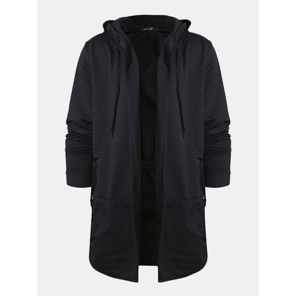 Mens Fashion Hip-Hop Solid Color Drawstring Casual Mid-long Hoodies Sweatshirts - M Grey