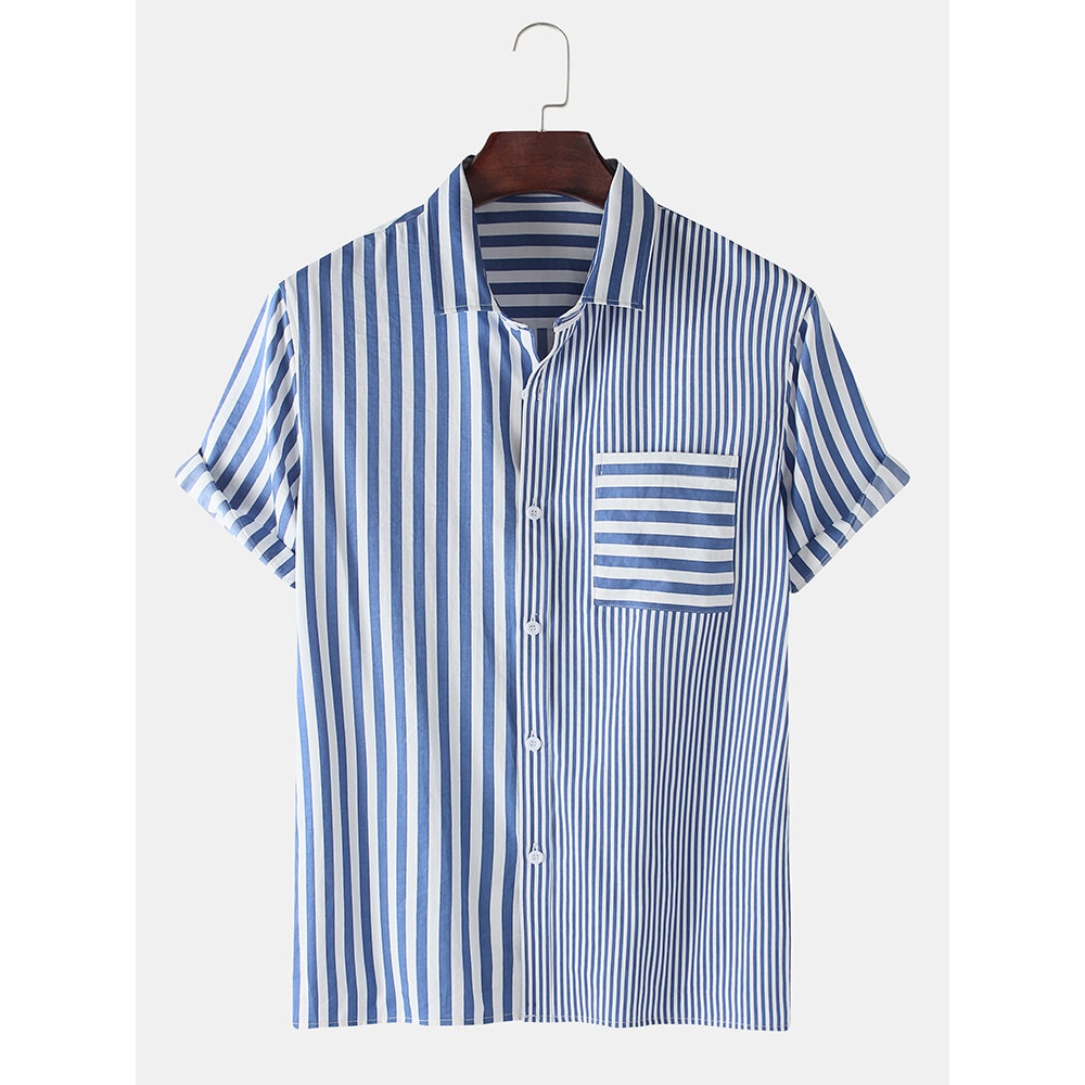 Mens Casual Striped Design Pocket Short Sleeve Cotton Shirts - Blue XL