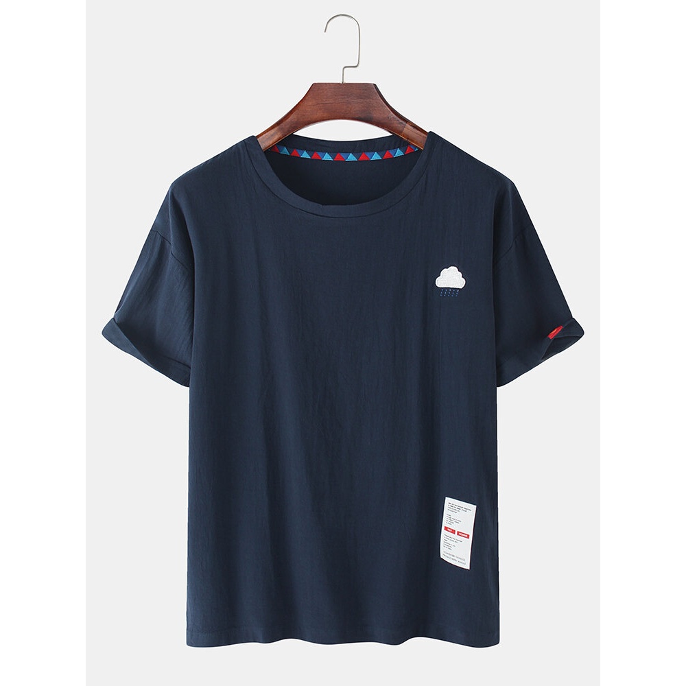 Mens Weather Embroidery Cotton Linen Loose Short Sleeve Casual T-Shirts - Green 4XL