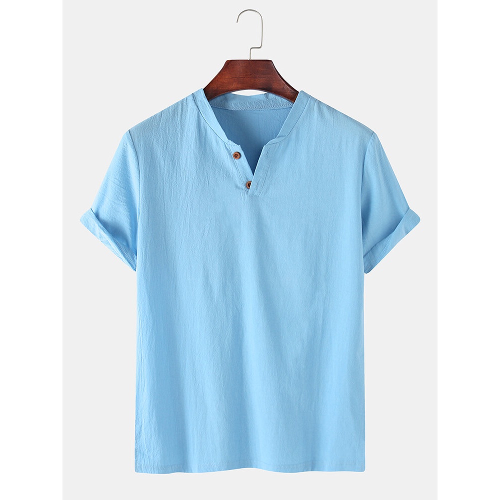 Men 100% Cotton Solid Color Short Sleeve Casual Henley Shirts - White XL