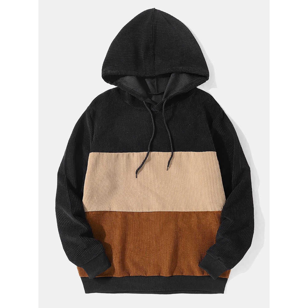 Men Patchwork Contrast Color Block Drawstring Hooded Sweatshirt - Black S