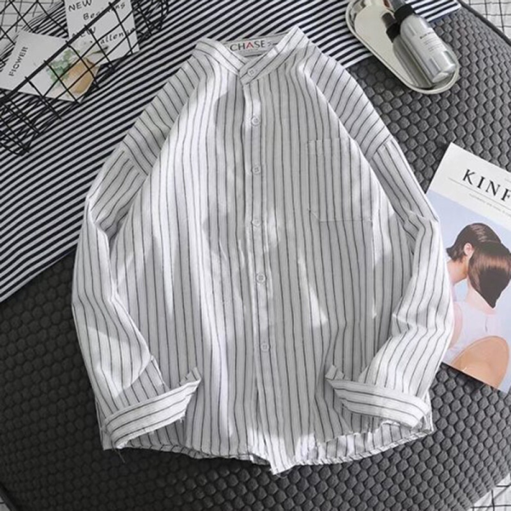 Mens Fashion Solid Color Cotton Stand Collar Shirts - L White