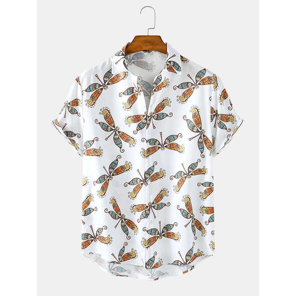 Mens Allover Colorful Butterfly Print Casual Button Up Short Sleeve Shirts - White M