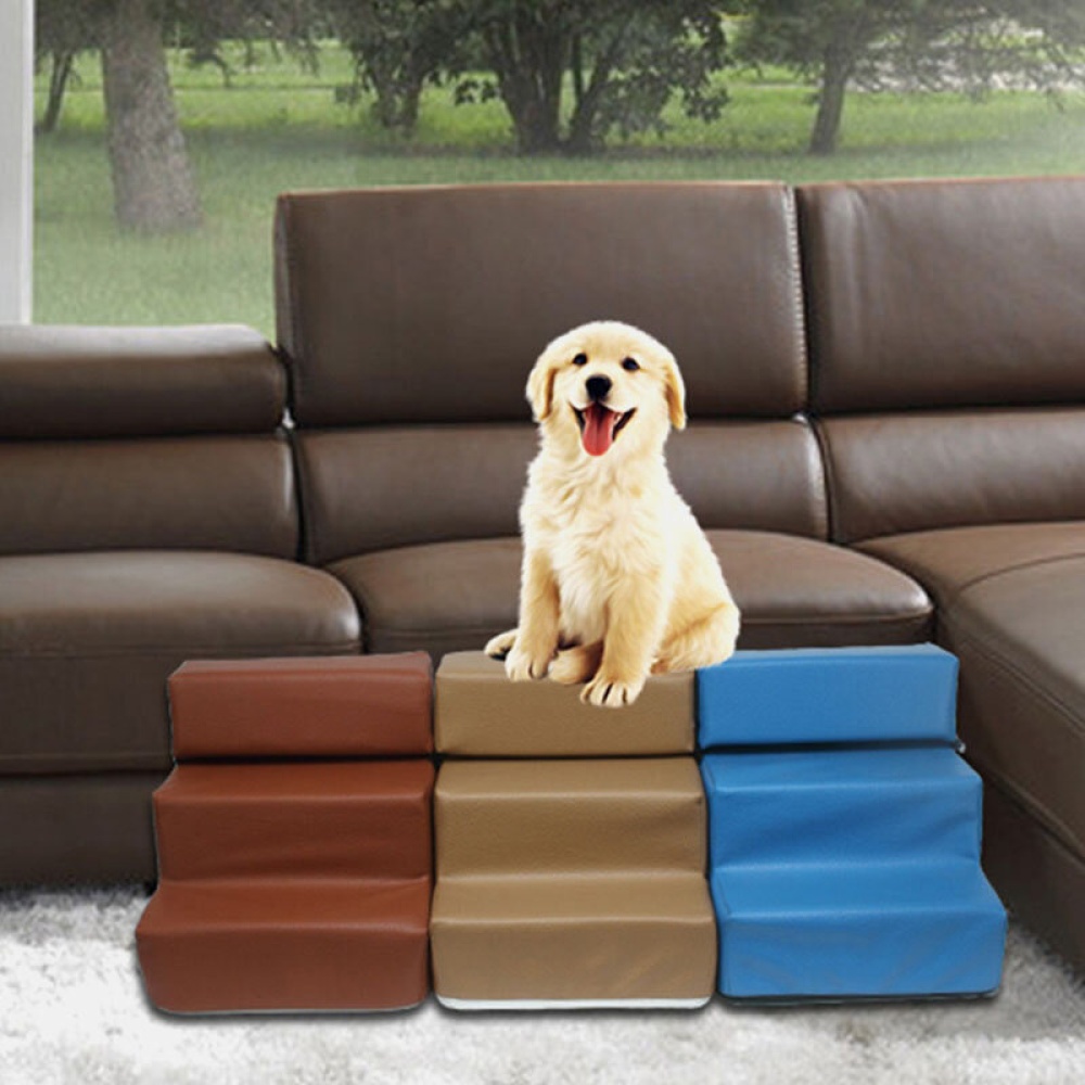 Dog Stairs Leather Pet Ladder Sponge Stairs Dog Teddy on Sofa on Bed Ladder - Khaki