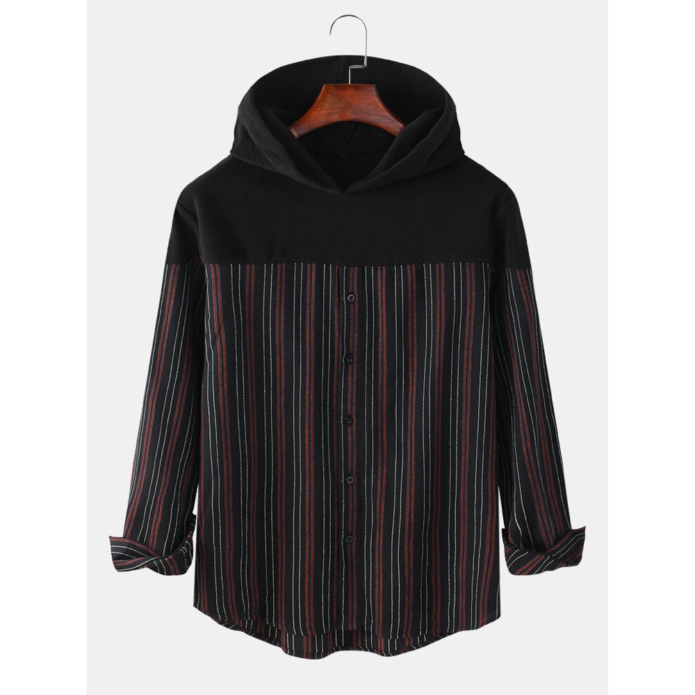 Mens Vertical Stripes Patchwork Button Drop Shoulder Long Sleeve Casual Hoodies - Black M
