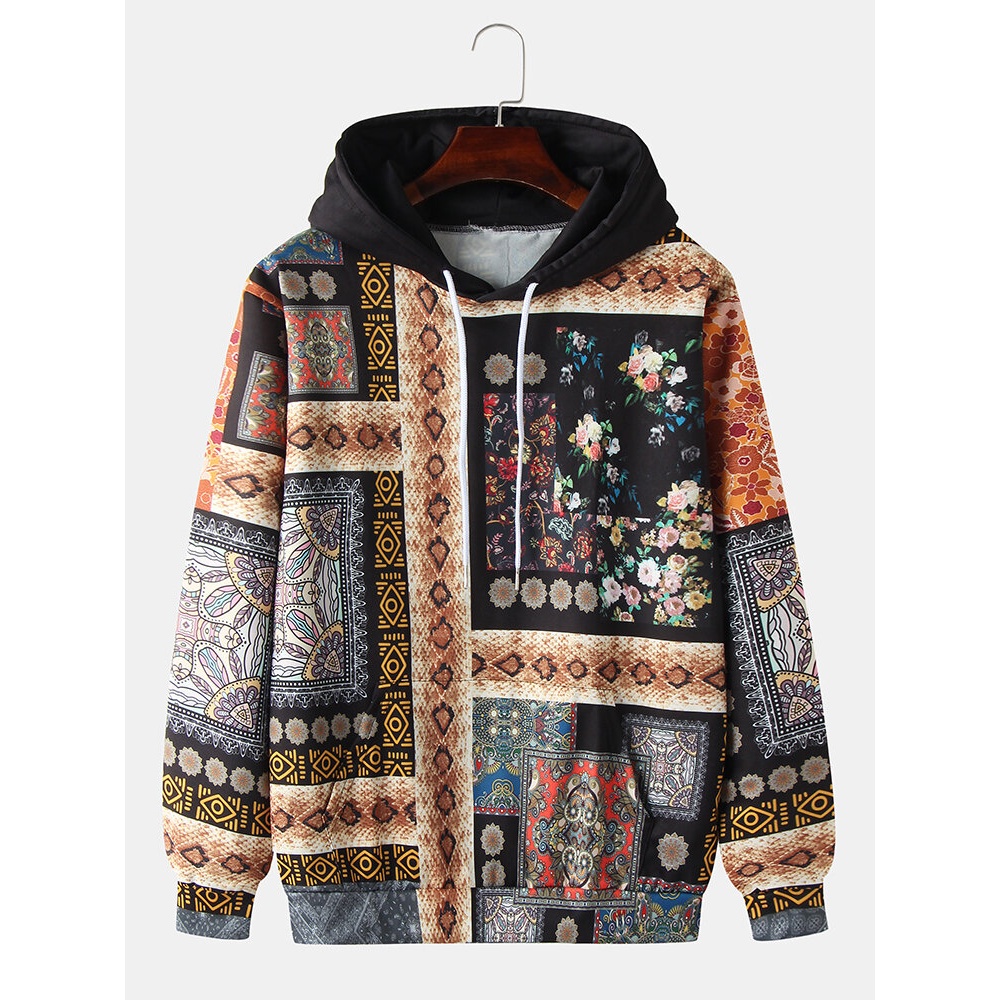Mens Snake-Skin Ethnic Style Print Long Sleeve Vintage Hoodies With Kangaroo Pocket - Brown M