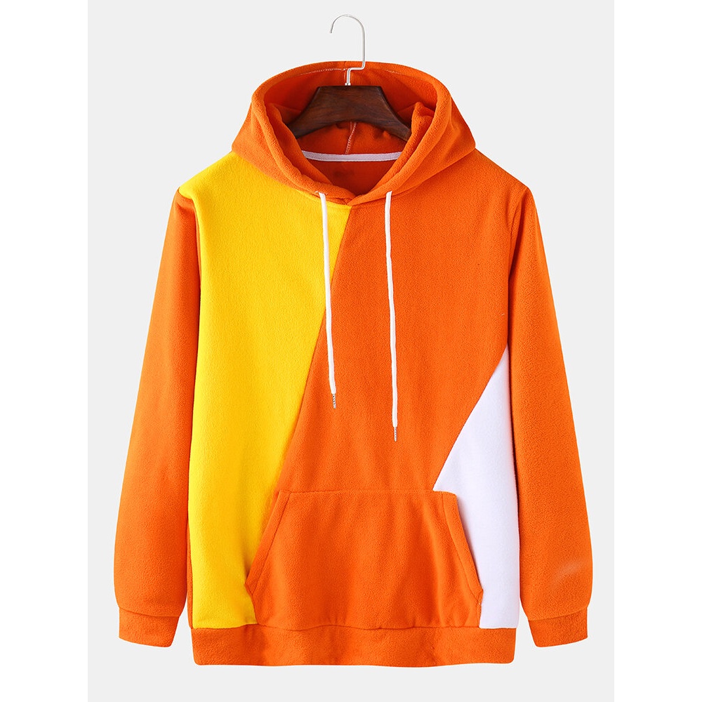 Mens Color Block Kangaroo Pocket Casual Drawstring Hoodies - Yellow M