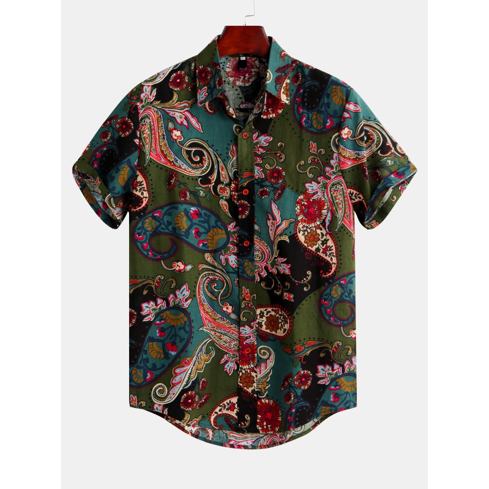Mens Vintage Ethnic Style Short Sleeve Printing Shirts - M Red