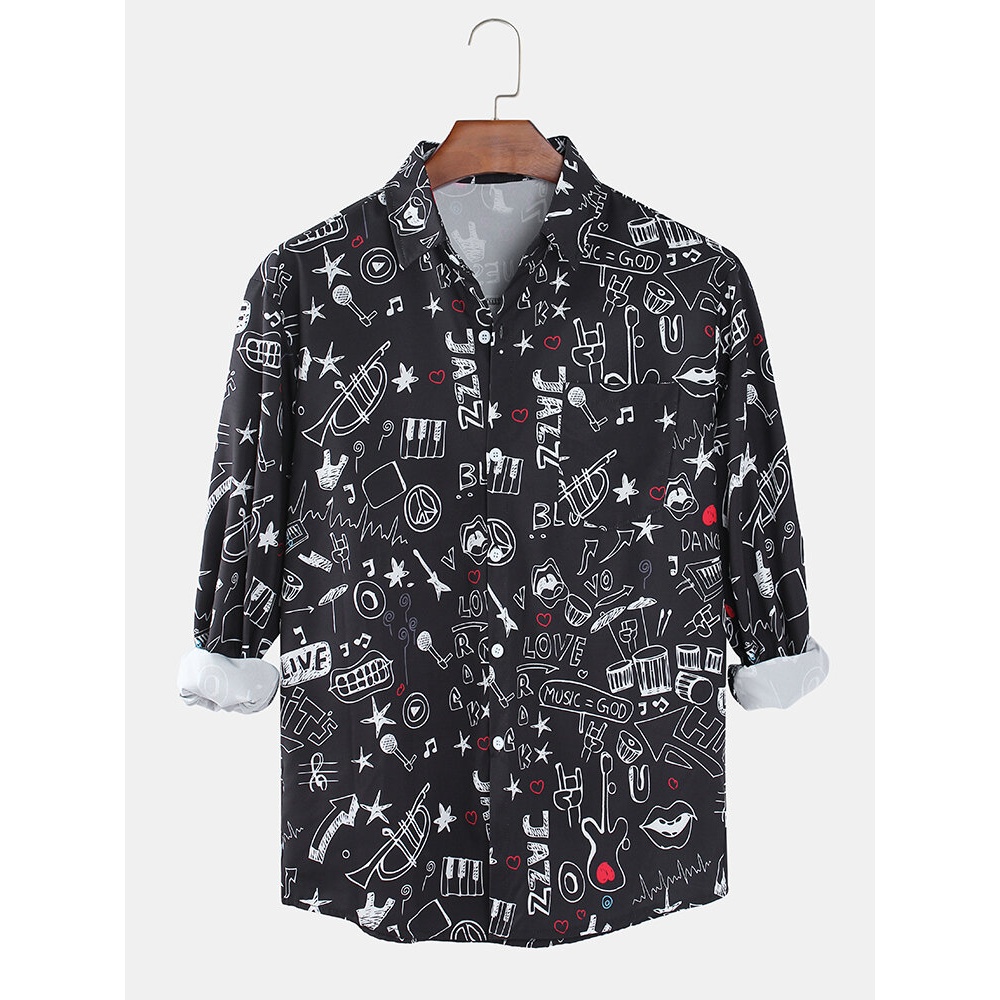 Mens Allover Funny Pattern Printed Light Casual Long Sleeve Shirts With Pocket - White M