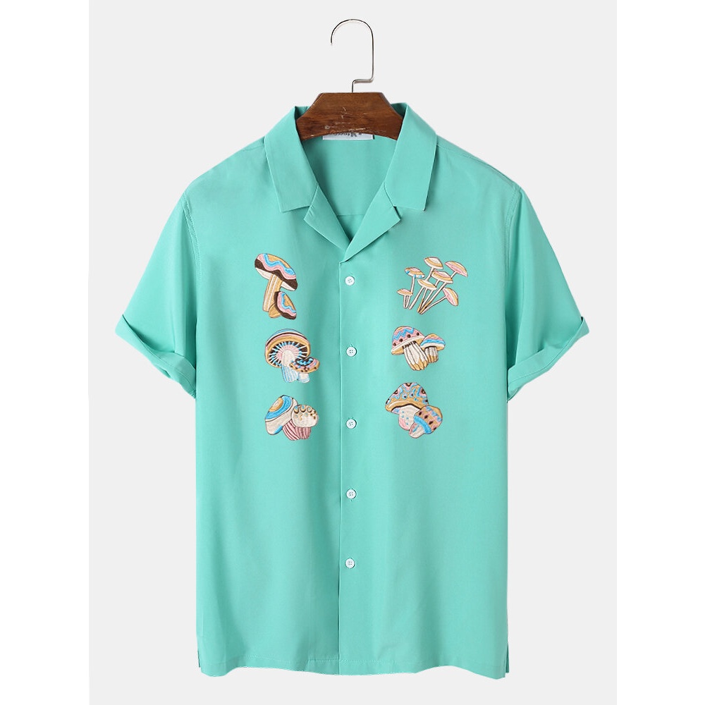 Mens Fashion Mushroom Embroidery Revere Collar Shirts - Yellow S