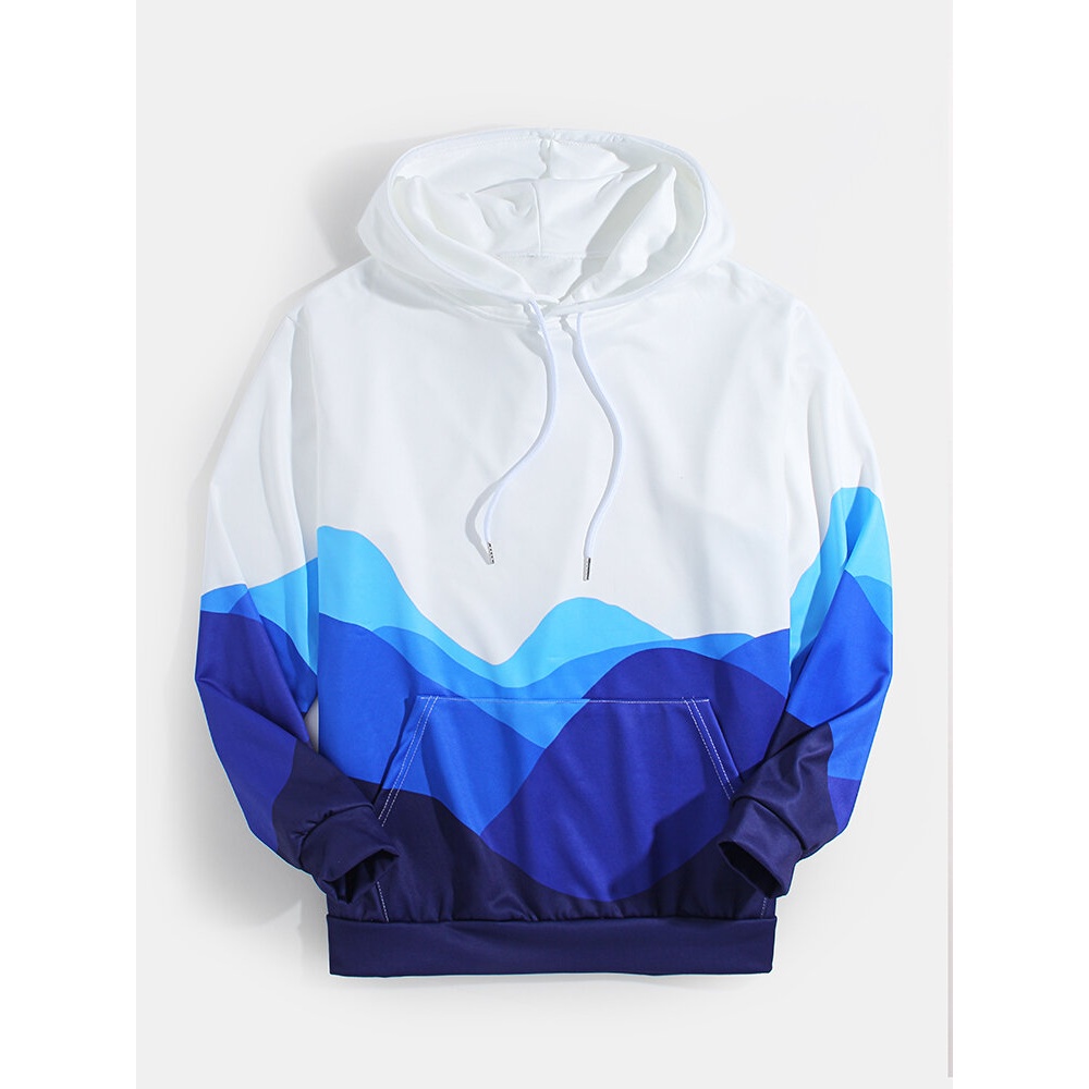 Mens Abstract Ombre Mountain Landscape Graphics Long Sleeve Hoodies With Pocket - White S