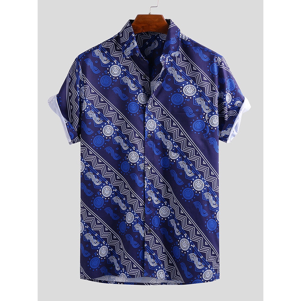 Mens Summer Digital Pri nted Stripe Casual Shirts - M Red