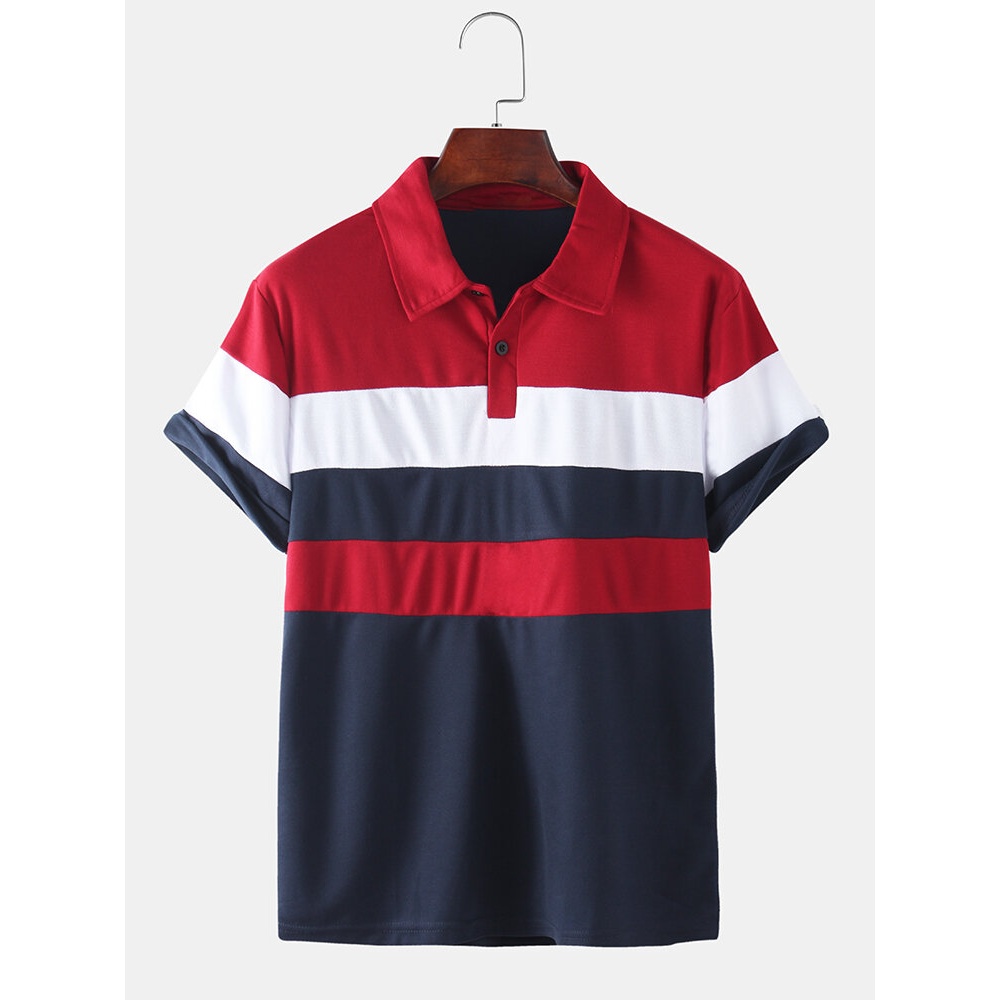 Mens Color Blcok Short Sleeve Half Open Turn Down Collar Casual Golf Shirt - Grey 2XL