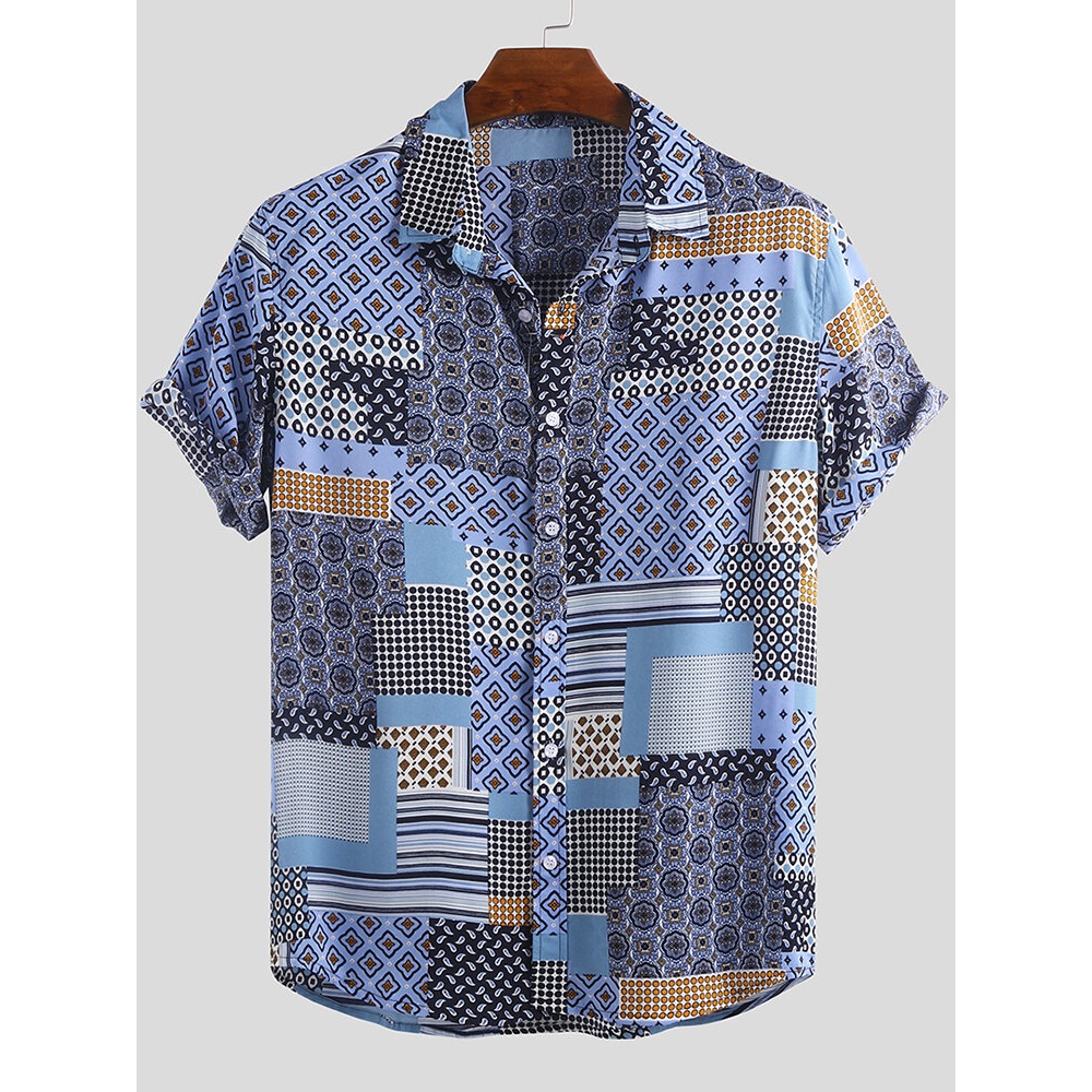 Mens Vintage Ethnic Pattern Patchwork Design Summer Shirts - L Blue
