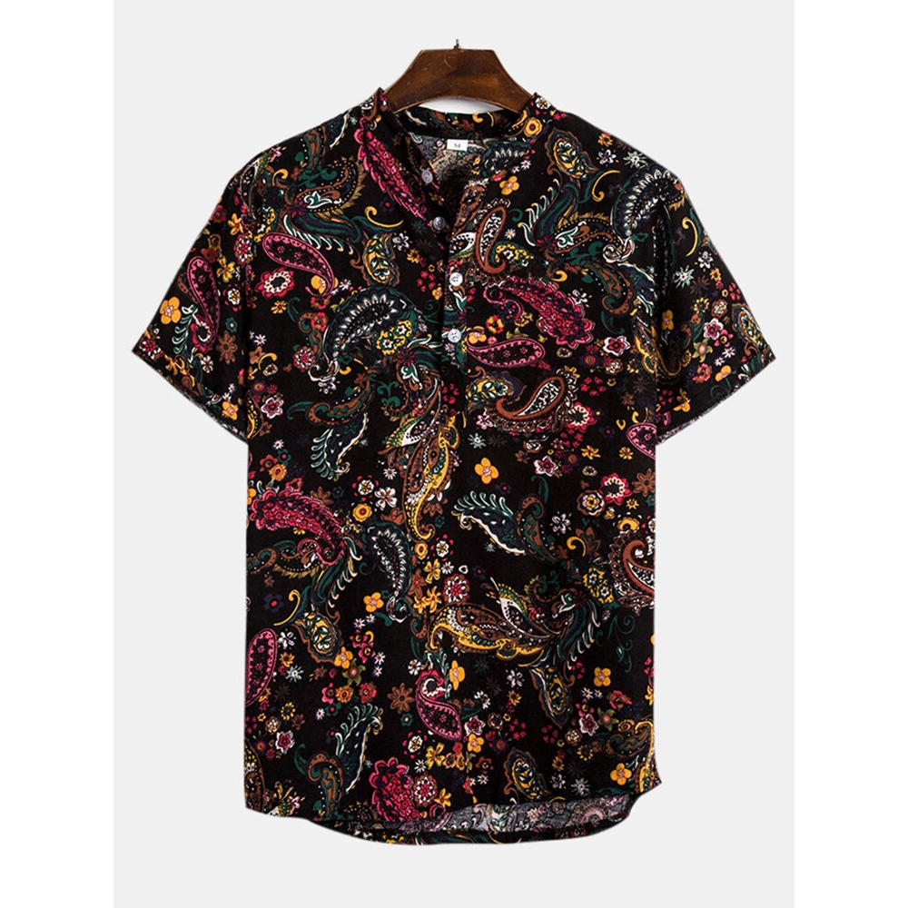 Mens Summer Fashion Ethnic Printed Breathable Casual Shirts - M Black