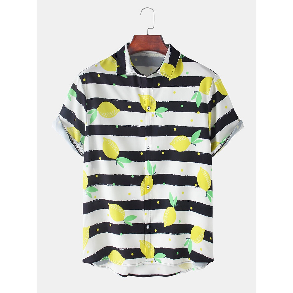 Mens Design Stripe Fruit Lemon Print Lapel Collar Sleeve Casual Shirts - White M