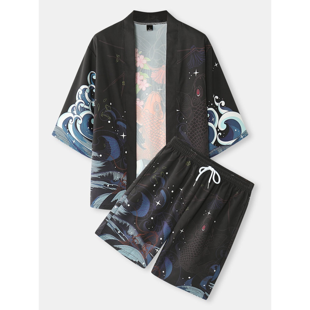 Mens Fish Cherry Blossoms & Koi Back Print Kimono Japanese Two Pieces Outfits - Black S