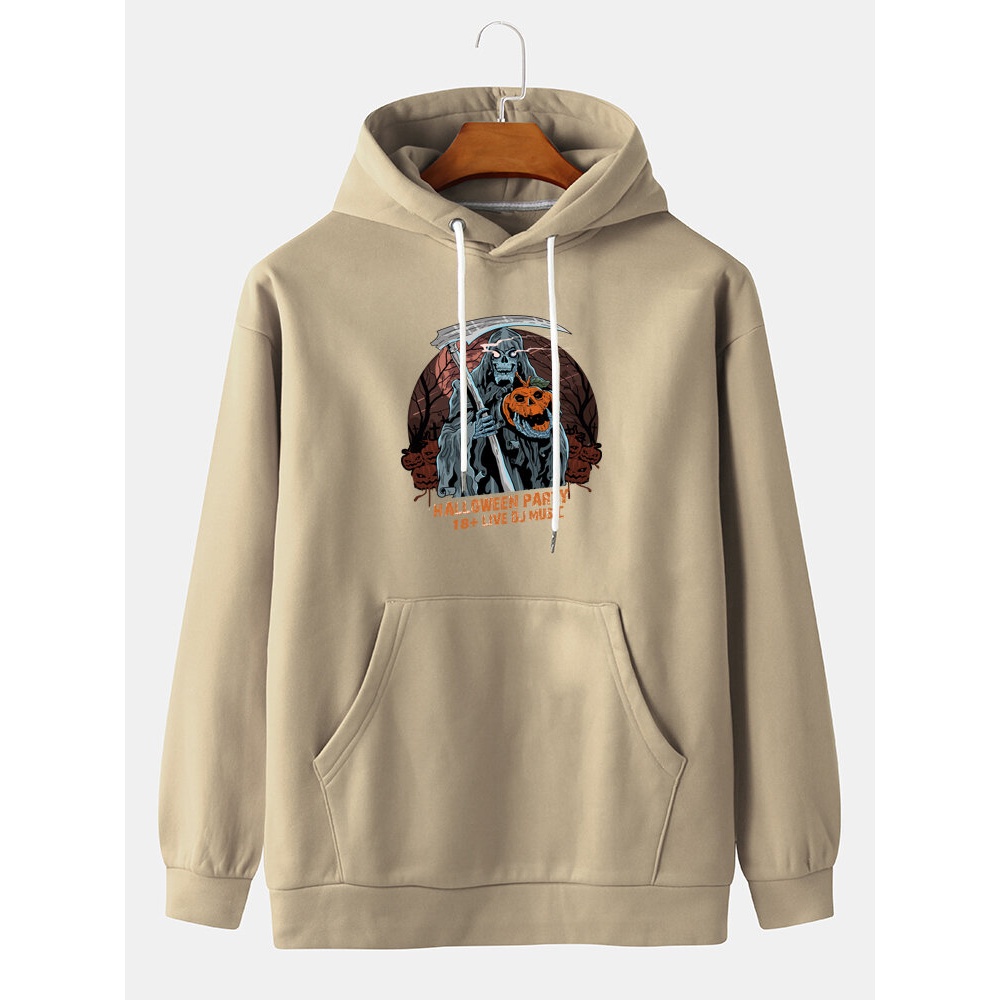 Mens  Ghost & Letter Print Long Sleeve Hoodies With Pocket - Grey 2XL