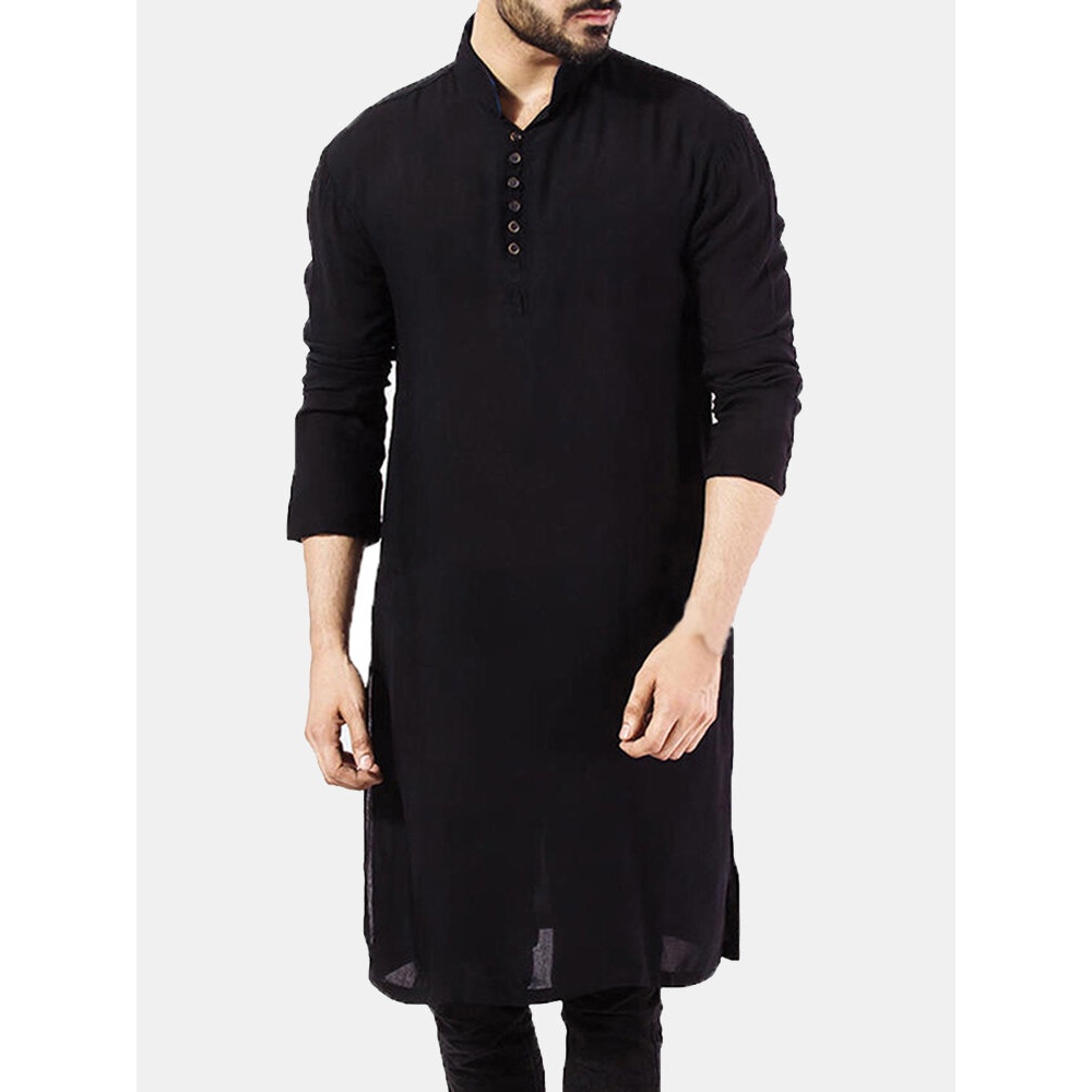 Men's Pakistan Kurta Kaftan Long Sleeve Pajama Ethnic Dress Shirt Blouse Tops - S Black