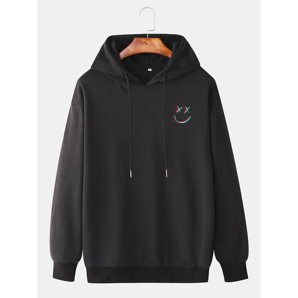 Mens Reflective Smile Face Print Cotton Casual Drawstring Pullover Hoodies - Pink S