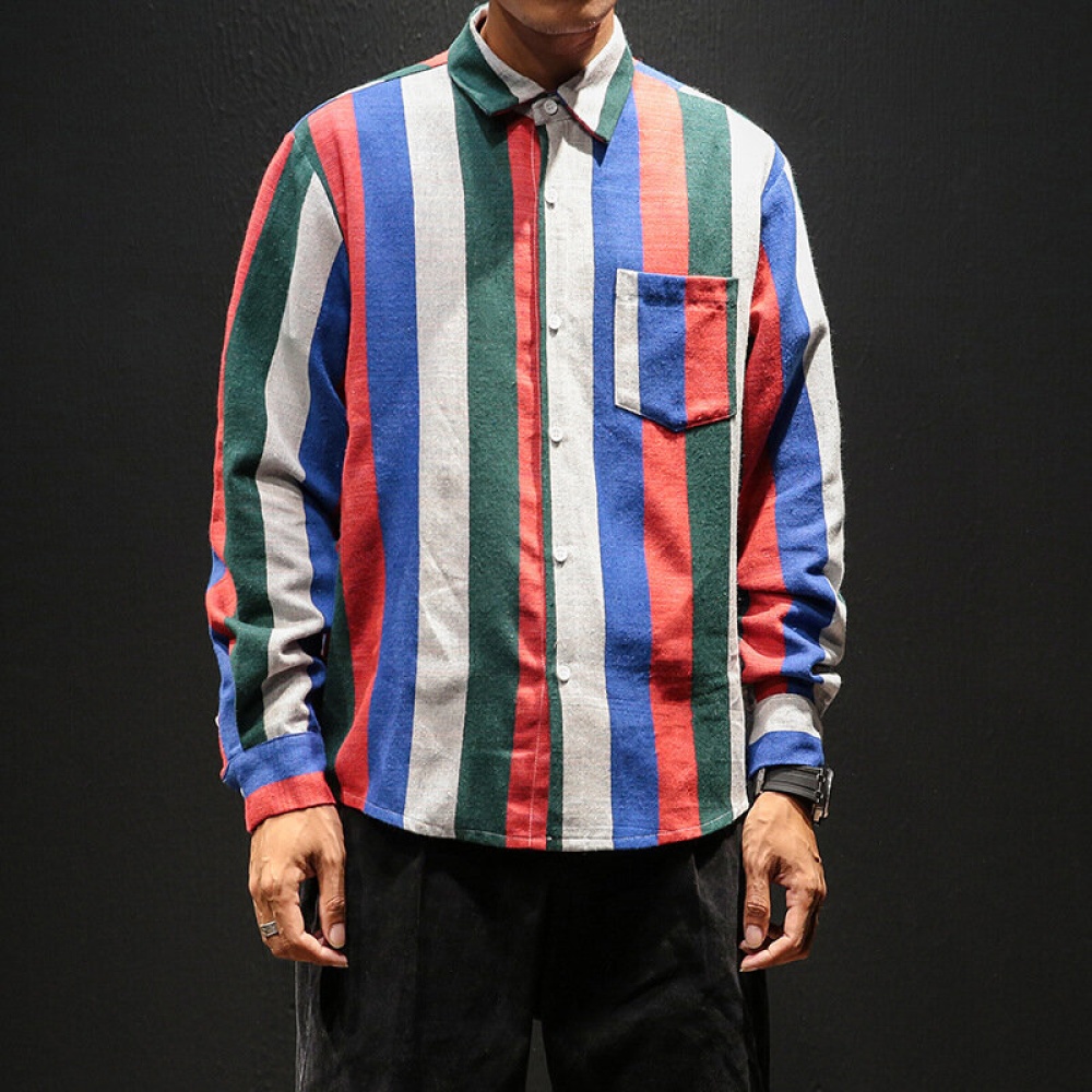 Mens Colorful Stripe Long Sleeve Fashion Shirts - M Red