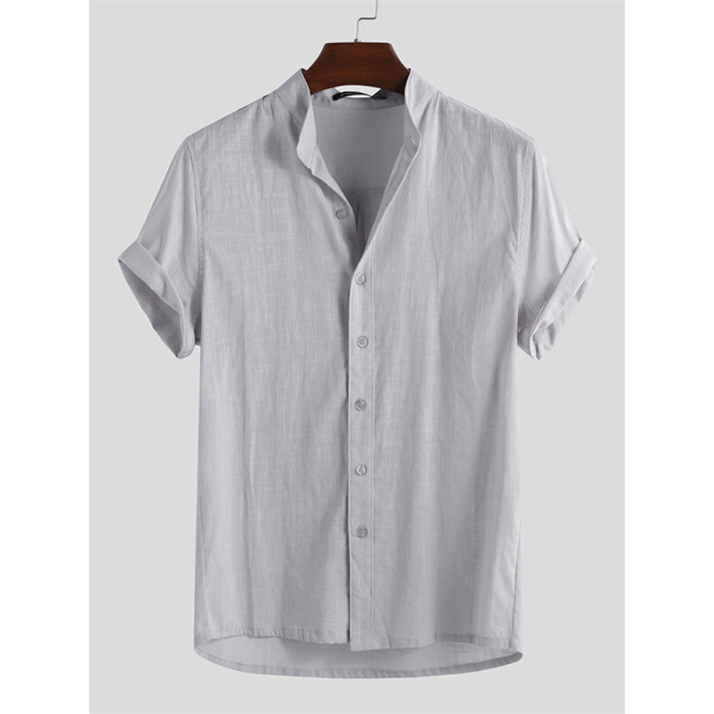 Men Linen Loose Casual Collarless Tops Holiday Casual Shirts - S Grey