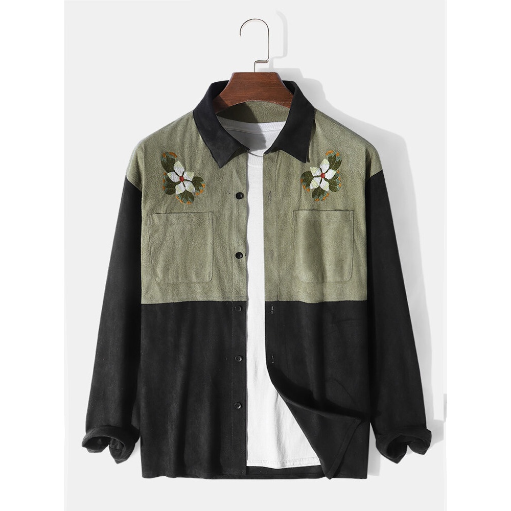 Men Suede Patchwork Color Block Pockets Long Sleeve Casual Shirts - Black S