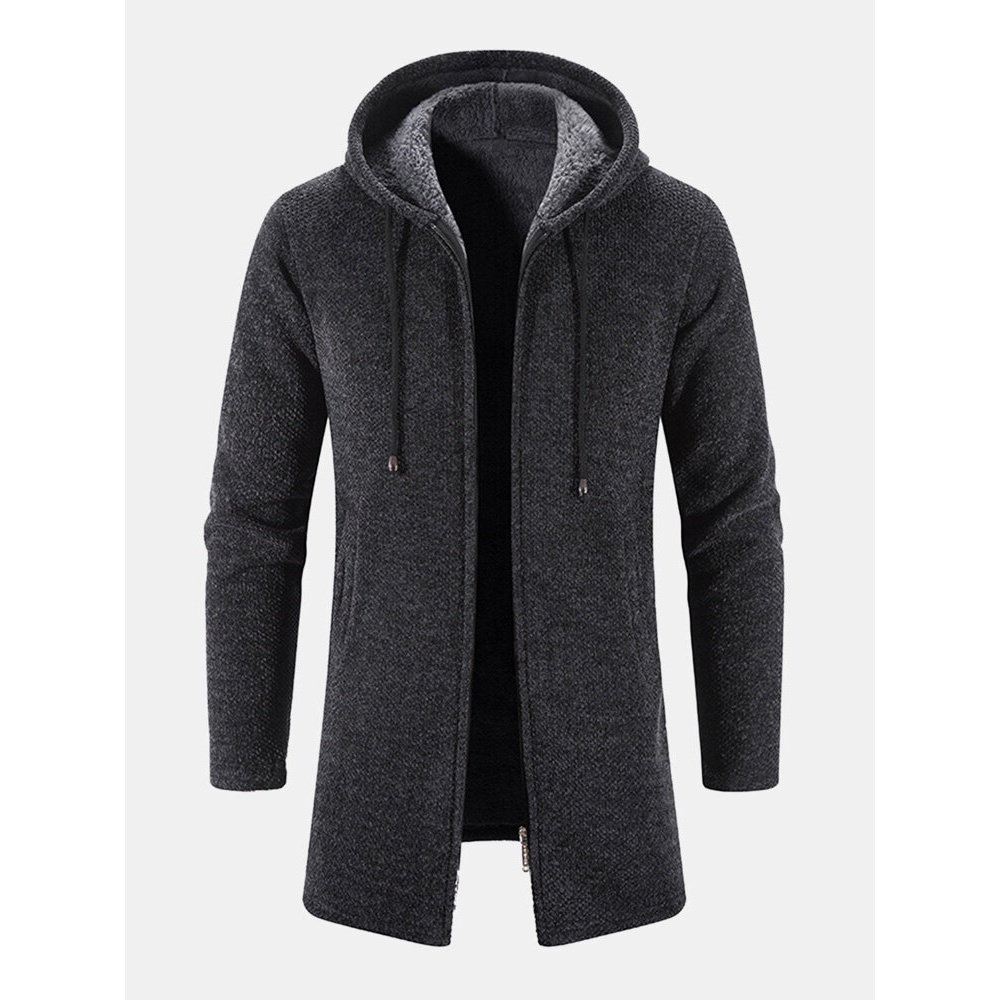 Men Knitted Pure Solid Pocket Plus Velvets Long Hooed Zipper Sweater Cardigans - Navy L